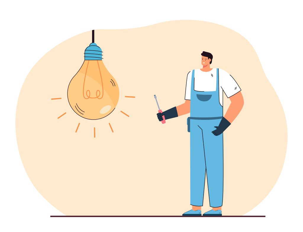 Electricien heureux après une réparation. Il se tient debout face à une énorme ampoule.